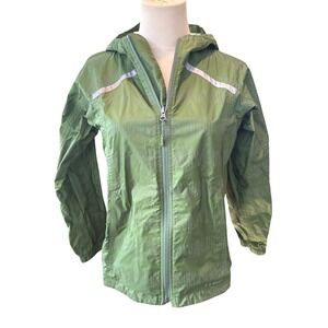 L.L. Bean Kids Green Hooded Ripstop Windbreaker Jacket Reflective Trim M 10-12